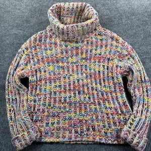 Strut & Bolt Sweater Womens Medium Multicolor Chunky Knit Turtleneck Rainbow Art